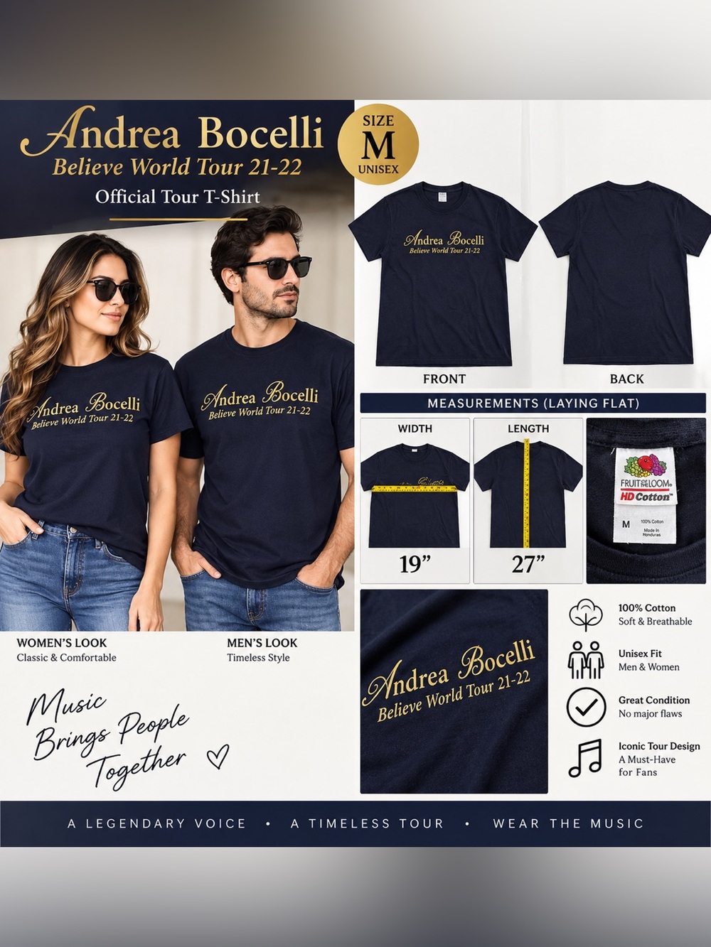 Fruit of the Loom Andrea Bocelli Tour Tee - Navy with Gold Print